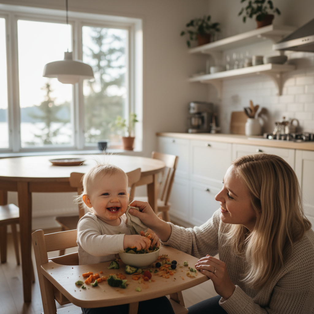 Family with baby at the dinner table with a variety of foods