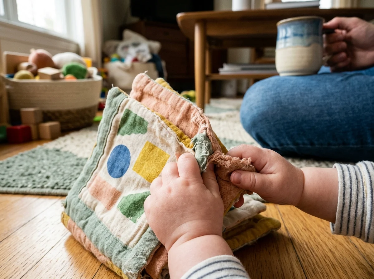 Baby hands exploring a soft fabric book during floor play at home