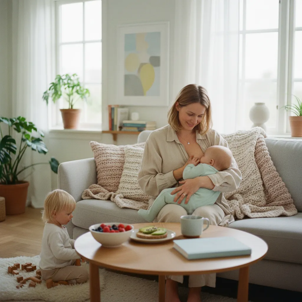 Mother nursing baby in a cozy home