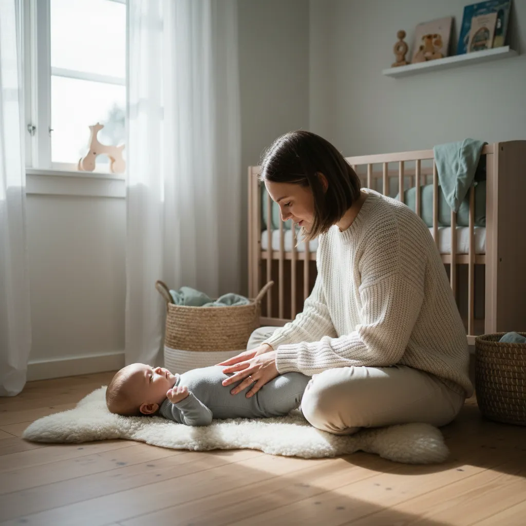 Parent caring for a baby in a warm home setting