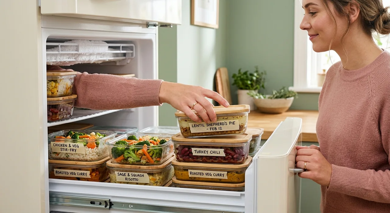 Organized labeled meals ready in a postpartum freezer drawer