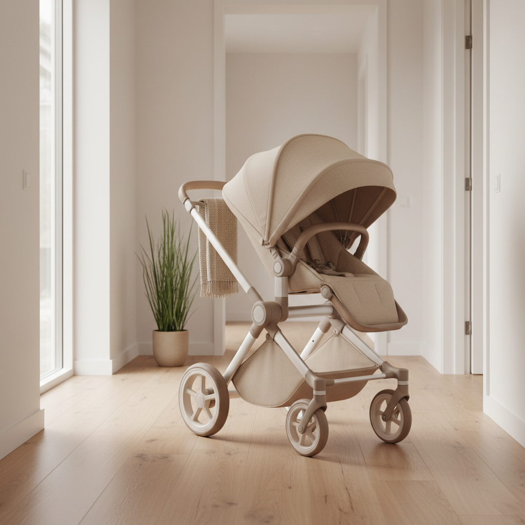 Premium stroller in a bright entryway with wooden floor