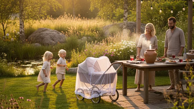 Family with children in the woods checking for ticks after a walk