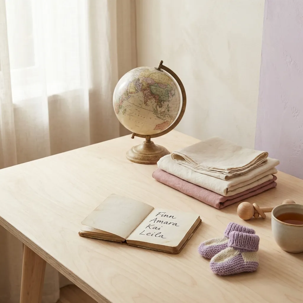 Globe and baby clothes on a Scandinavian table