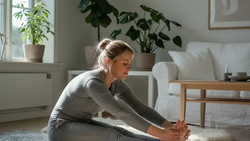 Woman doing pelvic floor training at home with baby beside her