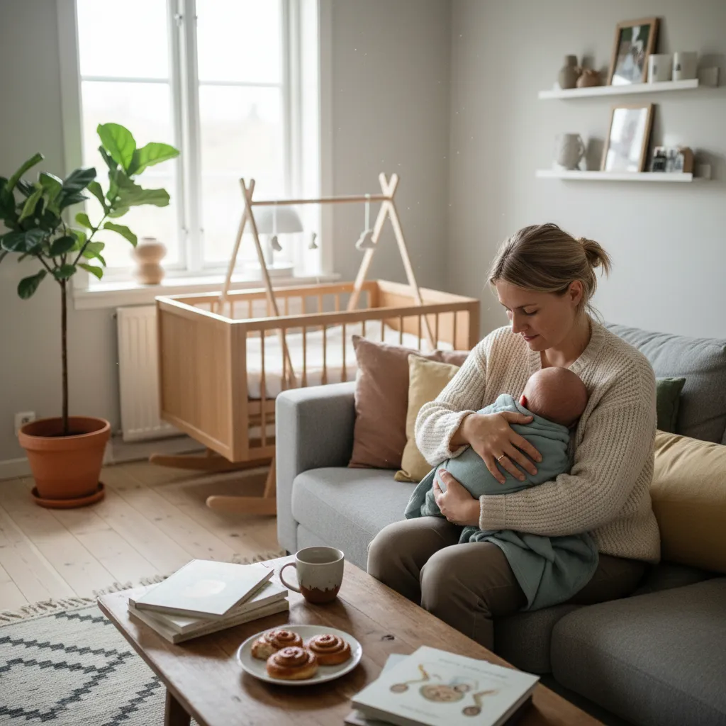 Parent caring for child in a warm Scandinavian home
