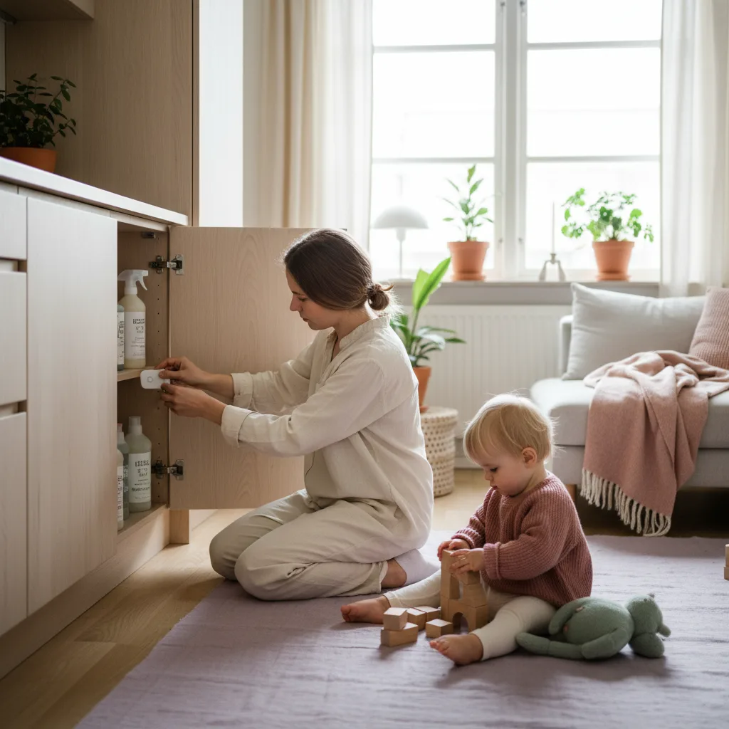 Child-proofed cabinet with lock under kitchen sink
