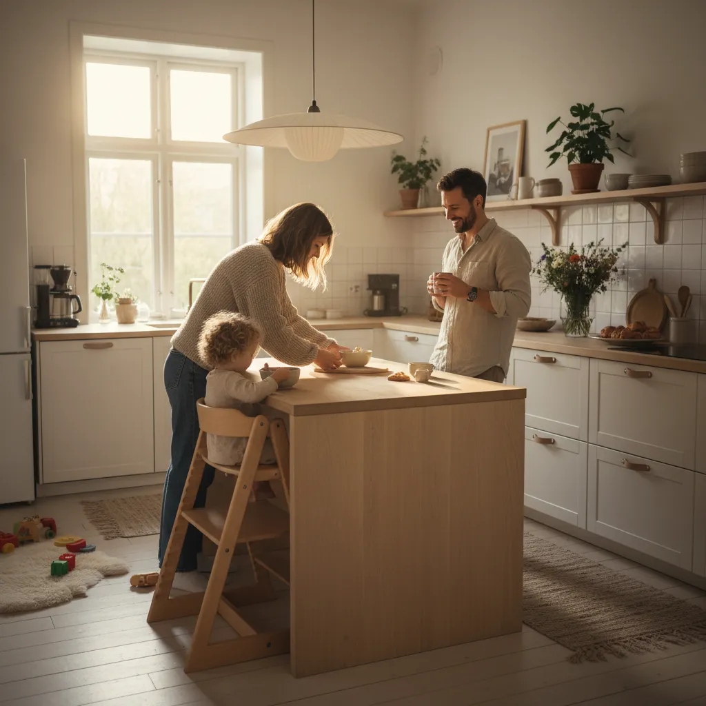 Parents and baby in morning routine