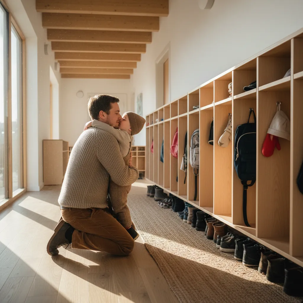 Parent hugging child in daycare cloakroom