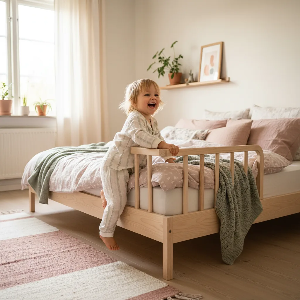 Children's bedroom with toddler bed and bed rail in safe setup