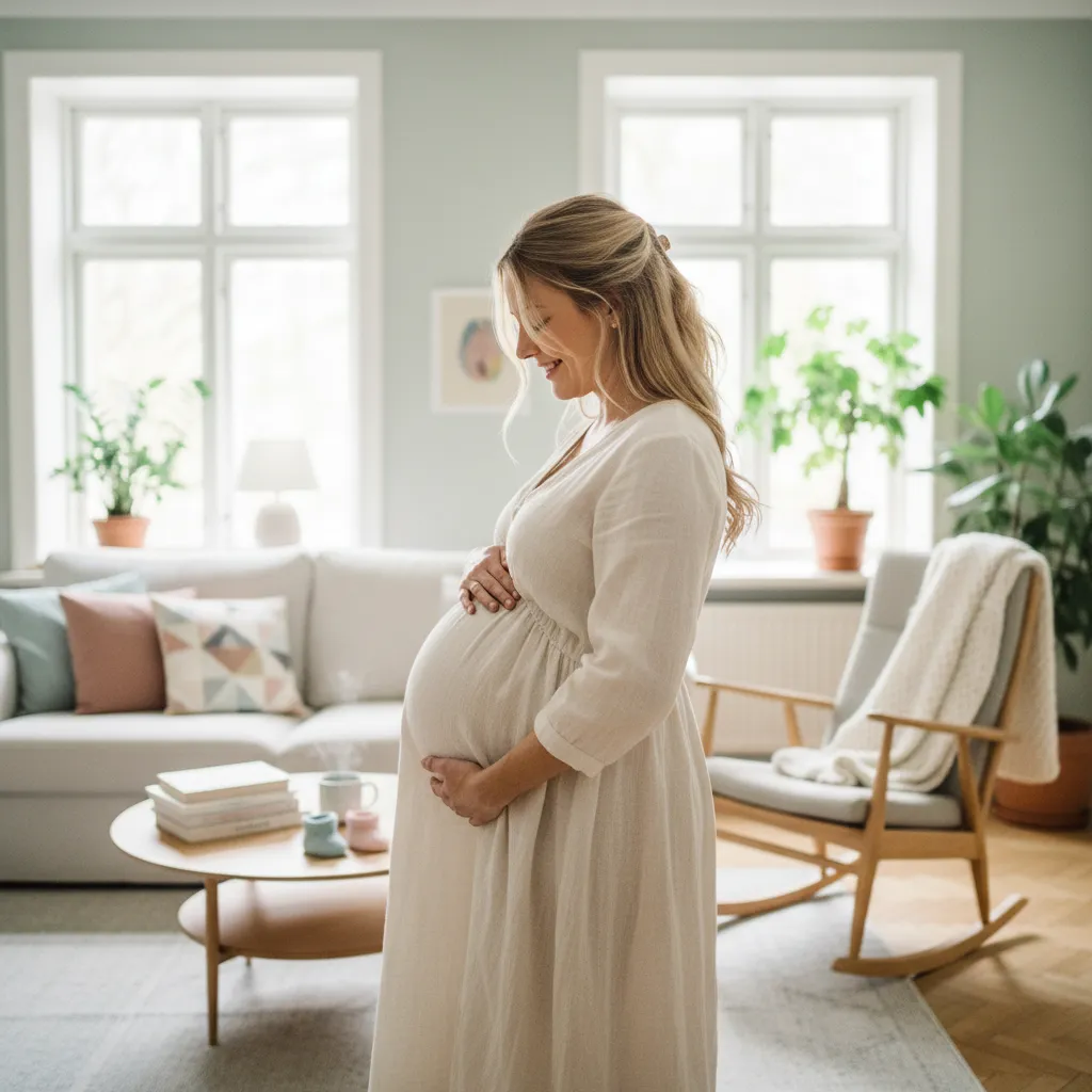 Pregnant woman preparing in a warm home environment