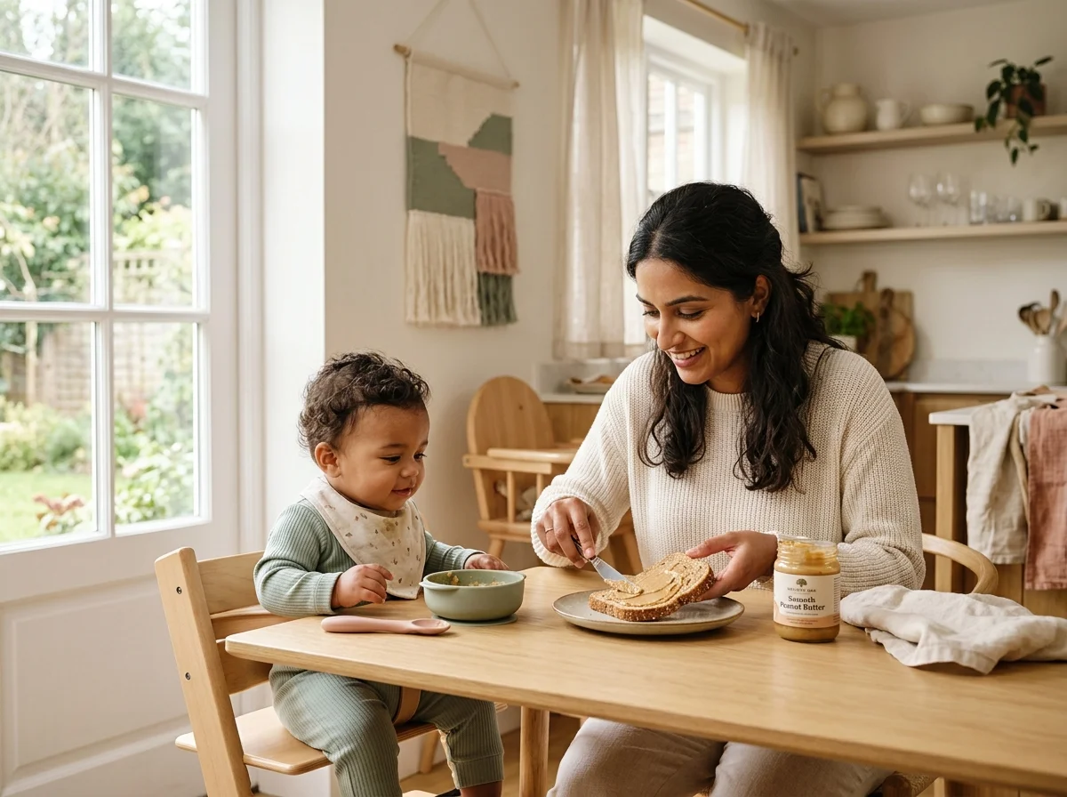 Smooth peanut butter prepared in a baby-safe serving for starting solids