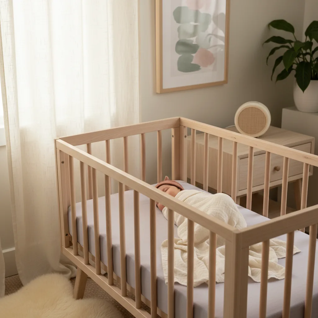 Nursery with soft lighting and safe sleep environment